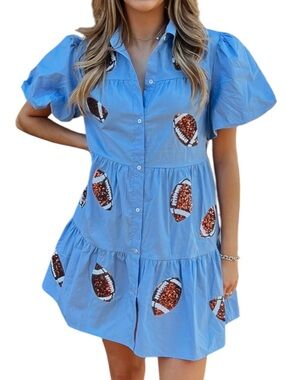 Peach Love CA Blue Sequin Football Tiered Shirt Dress Game Day L